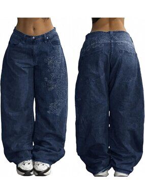 Women Deep Blue Denim Pants Y2k Pull On Wide Leg Mid Rise Waisted Baggy Jeans
